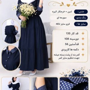 پیراهن دلانا  جنس لنین +خرجکار الیزه  رنگ بندی سورمه ای  سایز هافری سایز تا46  قد کار 135