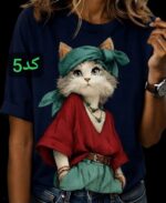 تیشرت باکسی زنانه چاپی طرح پیشی | اورسایز نخ پنبه درجه یک فری سایز 36 تا 48 - تصویر 6
